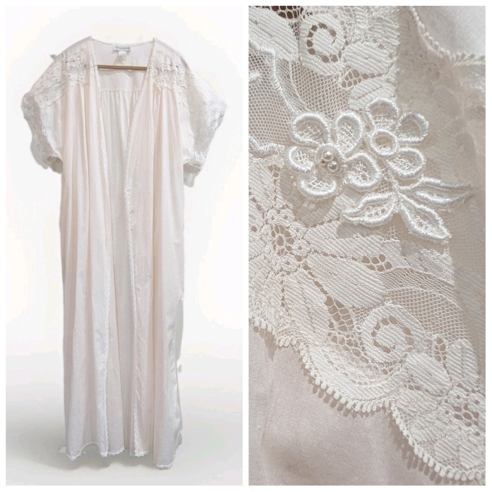 Vintage Carol Hochman Peignoir Dressing Robe Bridal Feminine Bead Lace Applique